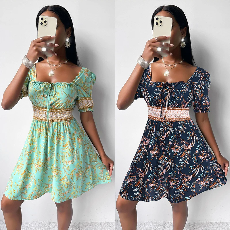 Wholesale Ladies Fashion Dresses Puff Sleeve Square Neck Tied Front Short Pleated A-line Smocked Girls Dress