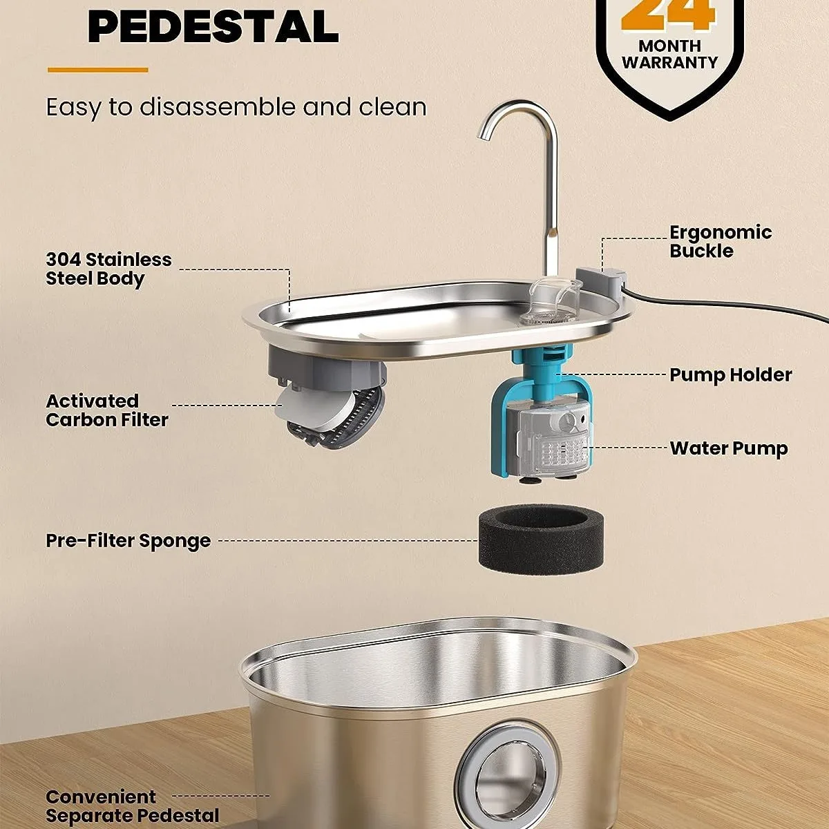 Stainless steel pet water dispenser with big eyes window cat faucet water feeder factory direct sale pet gift set