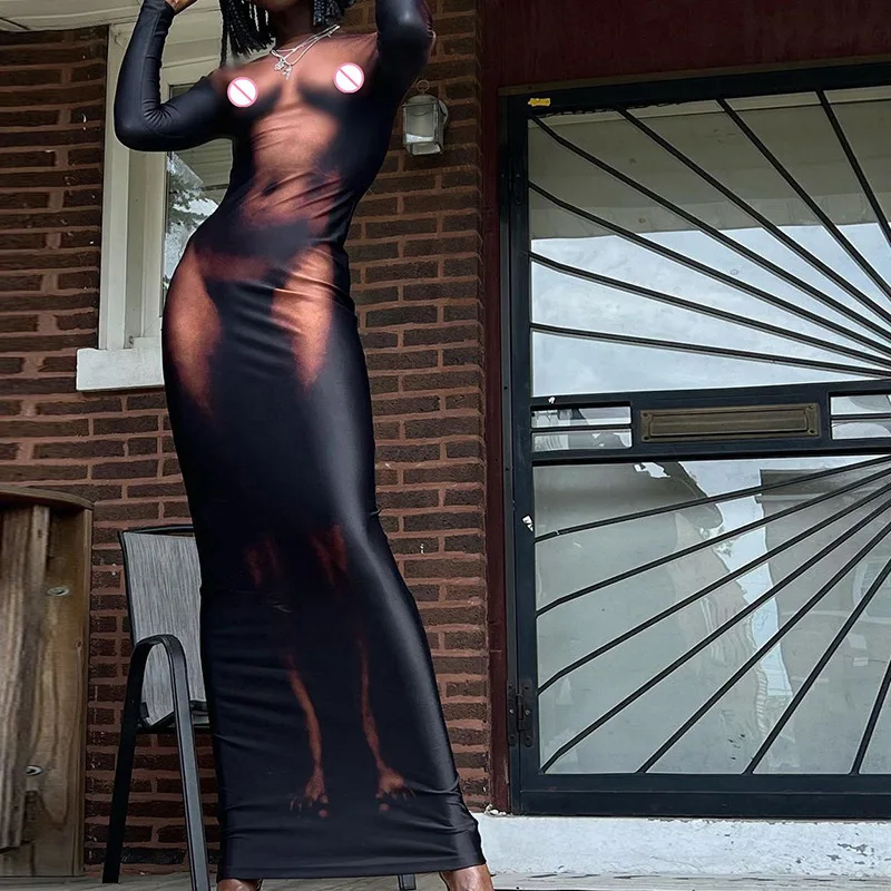 Skinny Sexy 3D Body Print Ladies Jumpsuits Women Bodycon Jumpsuit Round neck long sleeve jumpsuit