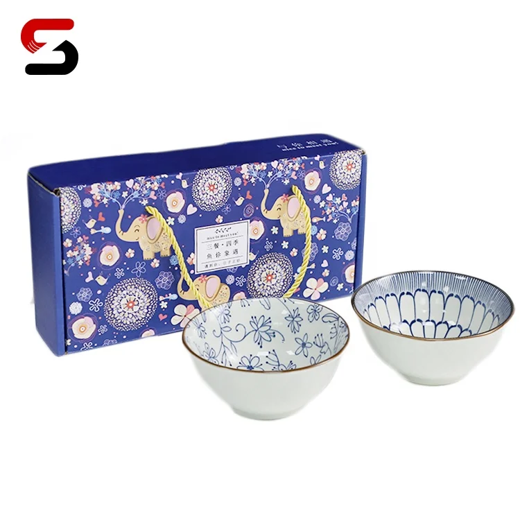 EGRAND White And Blue Decal Ceramic Bowl Stackable Soup Noodle Salad Bowls, Custom logo and Gift Box