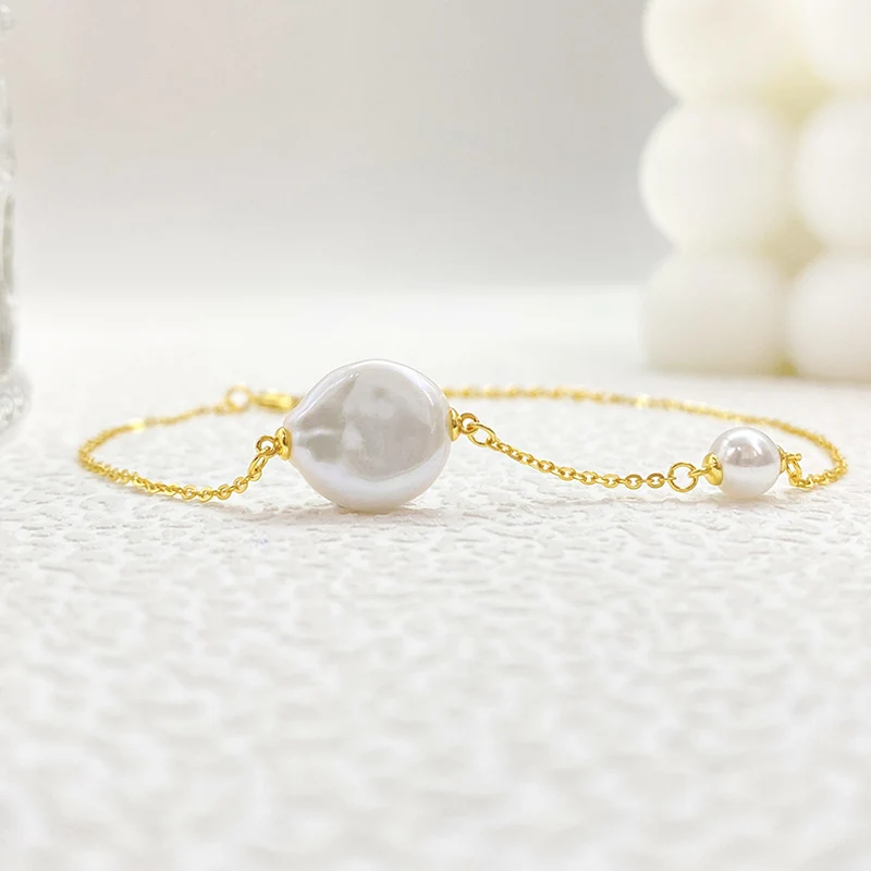 New Fashion Jewelry Pearl Beaded Bracelet Irregular Baroque Freshwater Pearl Link Chain Bracelet for Mother Day Gift