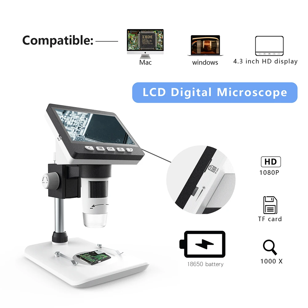 307 Max-see 2MP 4.3inch HD Display 1080P PC 50-1000X  with 8pcs LED Lights with TF Card Cheap Electronic Microscope