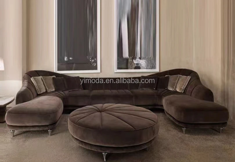 Minimalist Arc U shape Design Luxury Sofa Set Modern Brown velvet U shape Couches Salon Store Round Curved Sofa With Metal Base