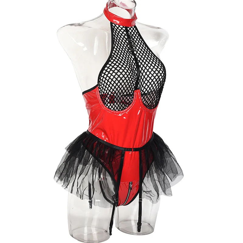 Erotic Sexy Latex Lingerie Garters Set for Sex Lenceria Clothes Body Suits Women Panties Catsuit Sexi Leather Spandex Bodysuit