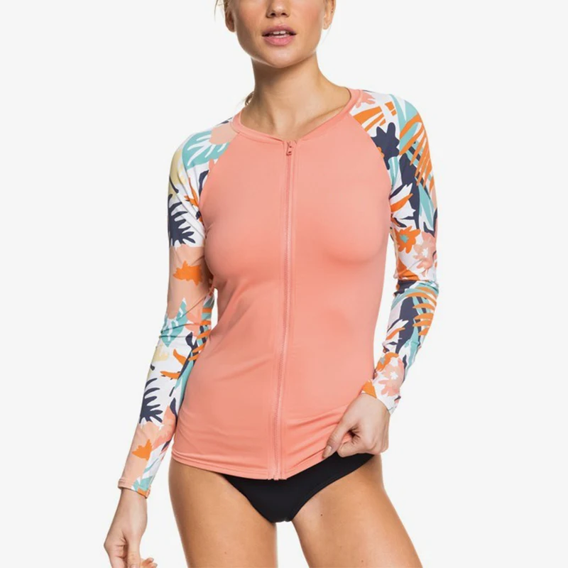 Top Women Wetsuits Long Sleeve Zip Up Slim Fit Diving Surf Jacket UPF 50 Printed Stretch Rashguard