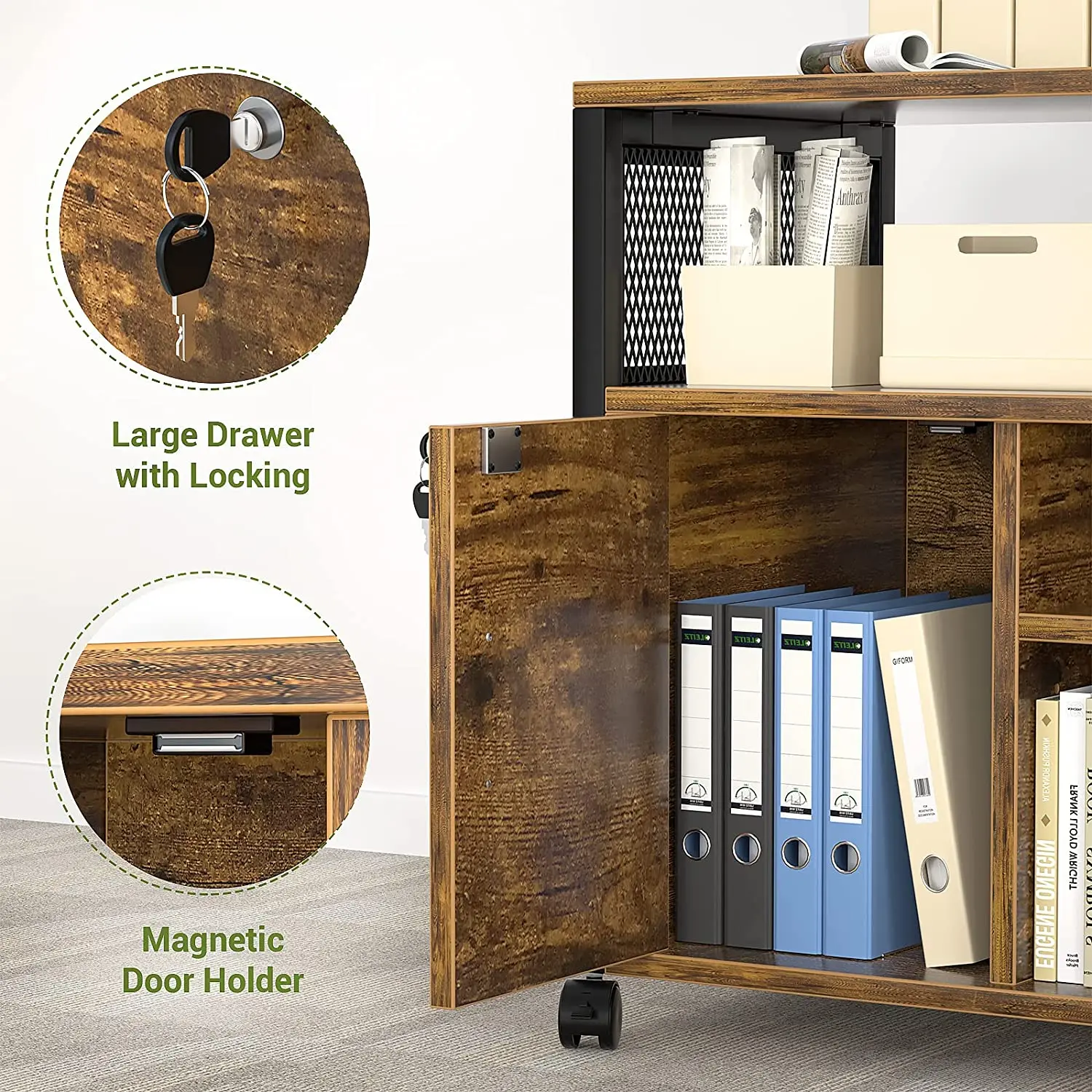 Wheel Side Iron Frame Mobile Office Printer Stand With Door Lockable Rolling Filing Cabinet