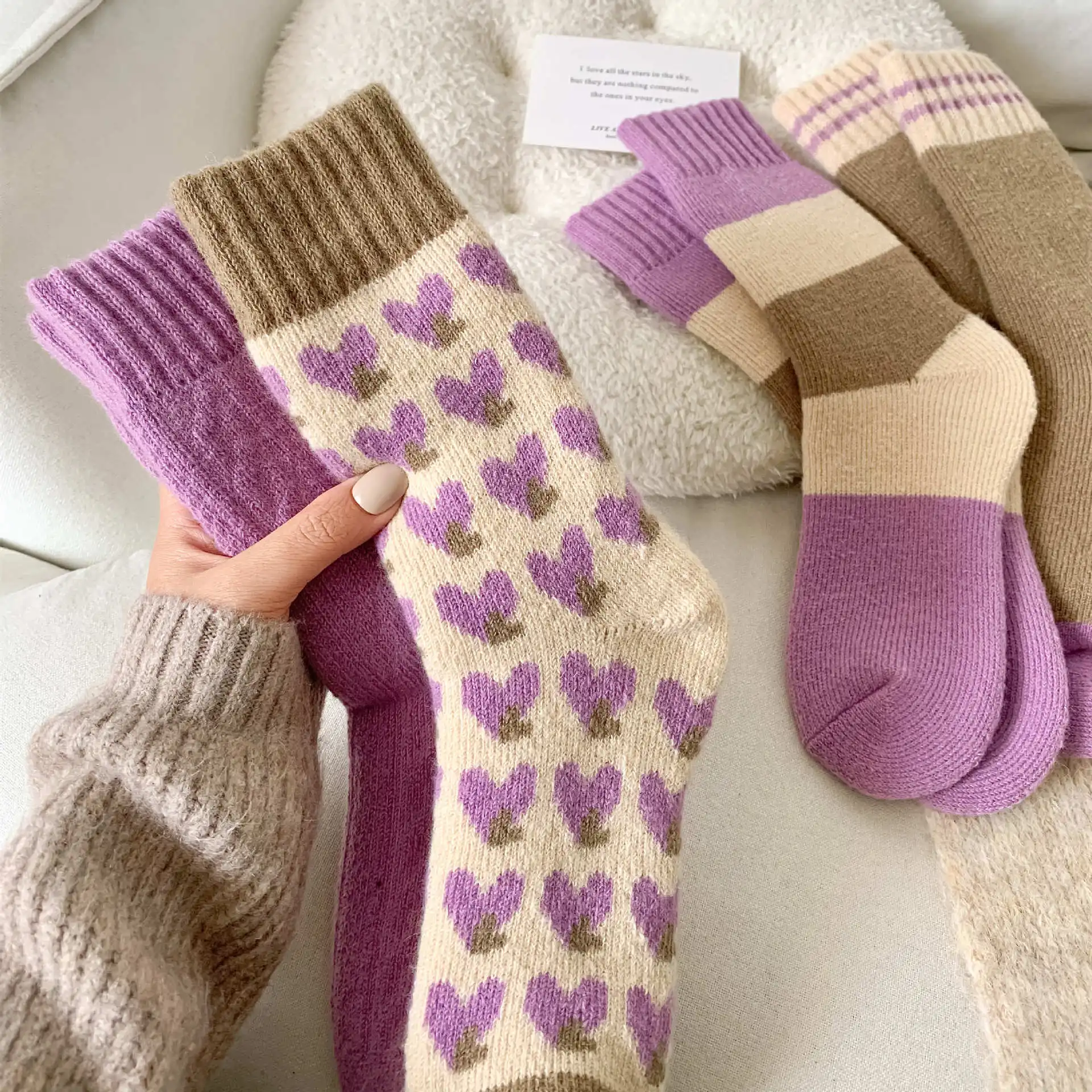 Fashion Girls Calf Thick Knit Boots Socks Gifts Thermal Thick Knit Cabin Cozy Crew Soft Sock Purple Pattern Wool Socks for Women