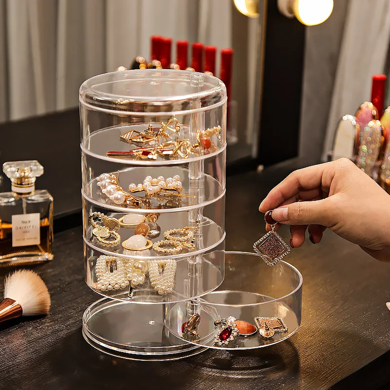 5 Layers Dustproof Clear Storage Box Plastic Desktop Acrylic Rotating Jewelry Organizer