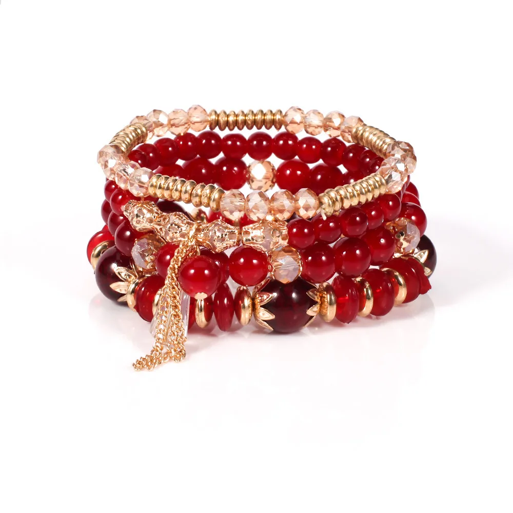 4Pcs/ Bohemian style Glass agate chain tassel Colorful Beads Bracelet Set Charm Glass Beaded Chain Wristband Female Jewelry