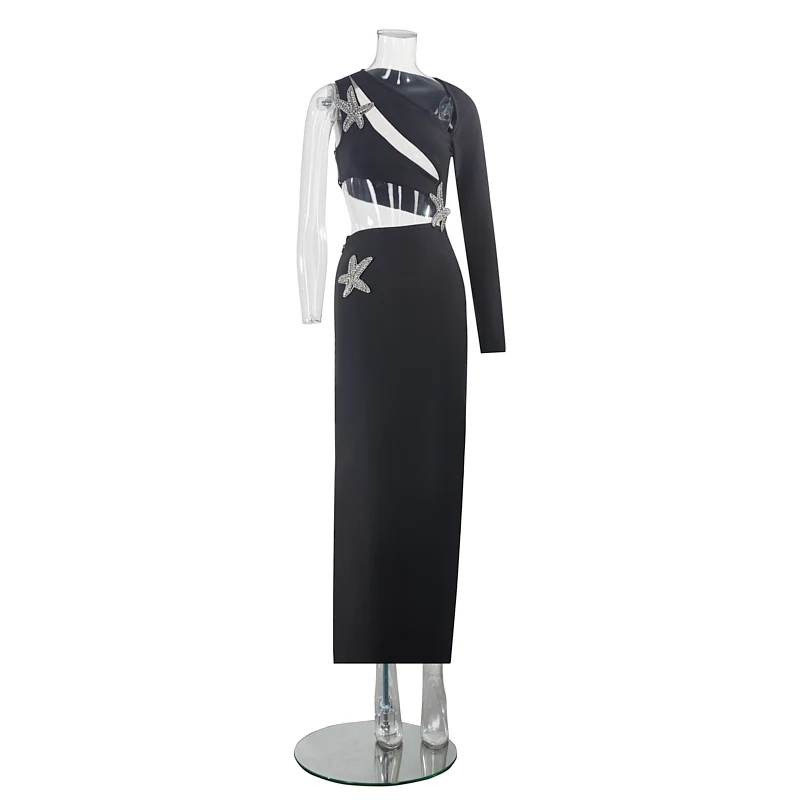 Elegant Hollowed One Shoulder Sloping Shoulders Dresses Long Sleeve Sexy Bodycon Vestidos Party Black Cocktail Dresses Female