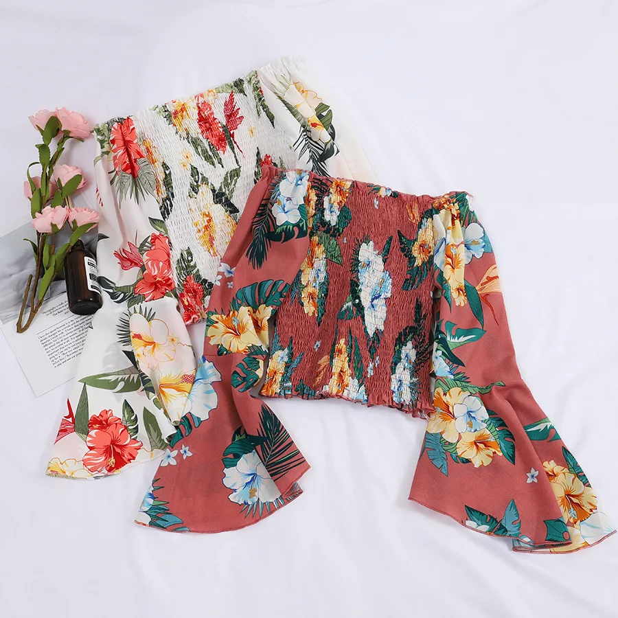 Women off Shoulder Long Sleeve Shirt Floral Printed Woman Casual Blouse