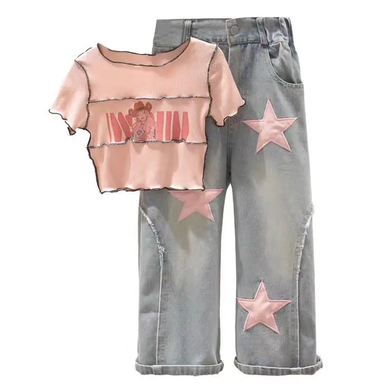 New fashion 2 Pcs girls clothing set short sleeve cartoon printed T-shirt + star jeans pants outfits for girls