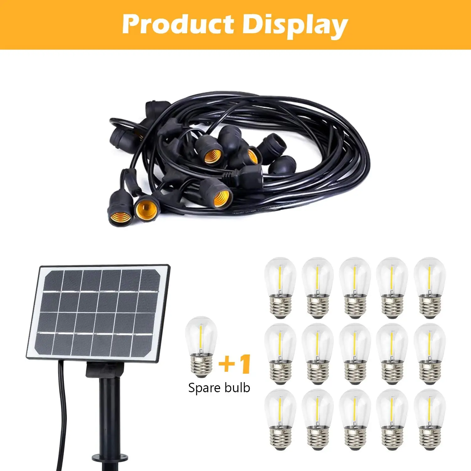 LED Outdoor Garden S14 String Lights Solar Powered, 48FT Hanging 15+1 LED Edison Bulbs E27 Sockets Outdoor Warm White Festoon Li
