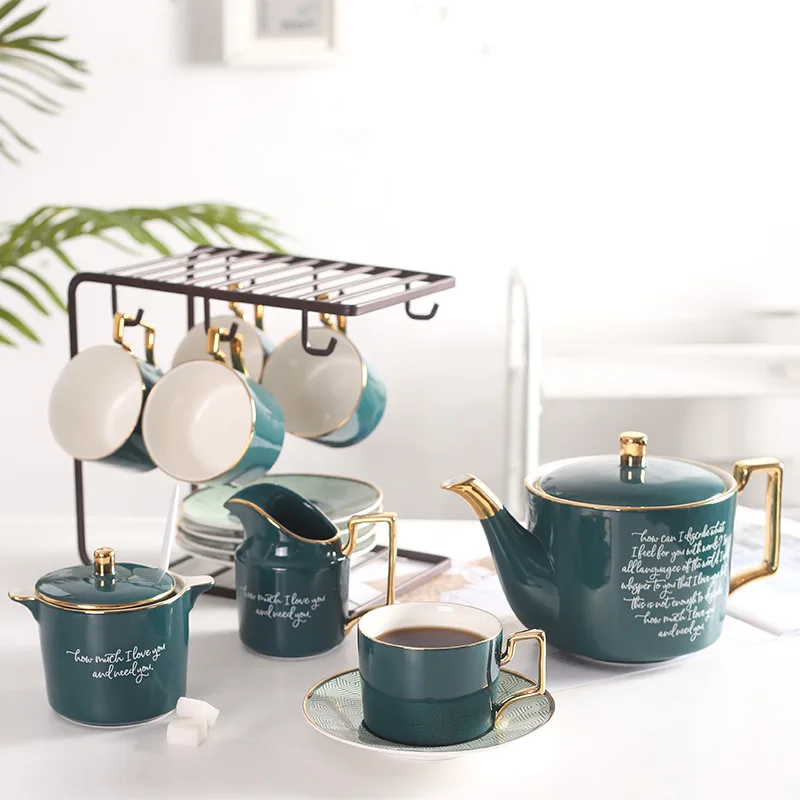 Home office afternoon tea green ceramic tea pot coffee cup set christmas luxury porcelain coffee tea set with stand