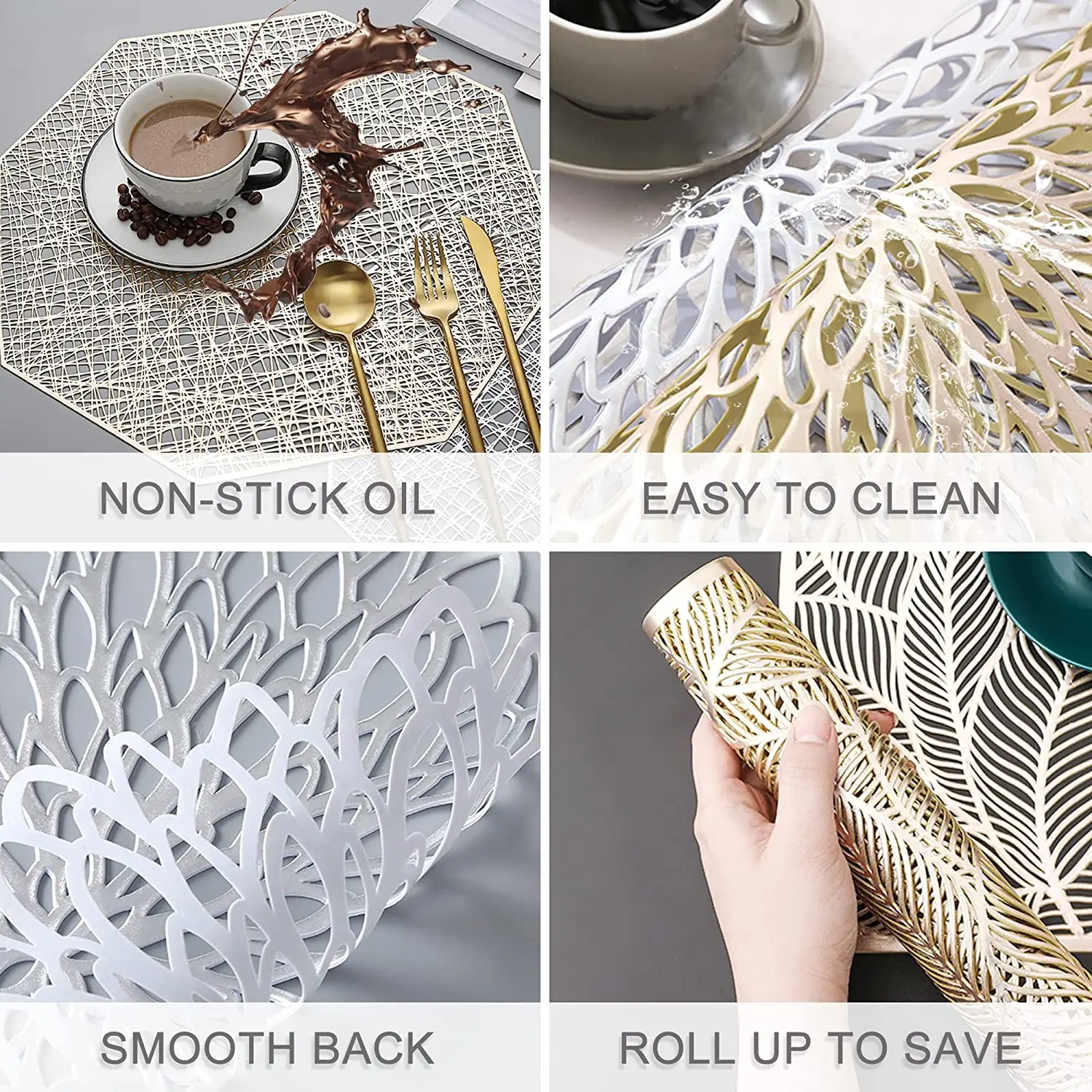 Tabletex wholesale custom cheap pvc dining table woven charger pressed metallic round gold sliver vinyl placemats for wedding