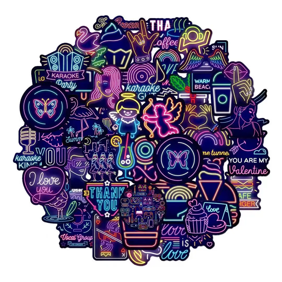 50Pcs Neon Style Waterproof Vinyl Stickers Pack for Laptop Water Bottle Party Supplies