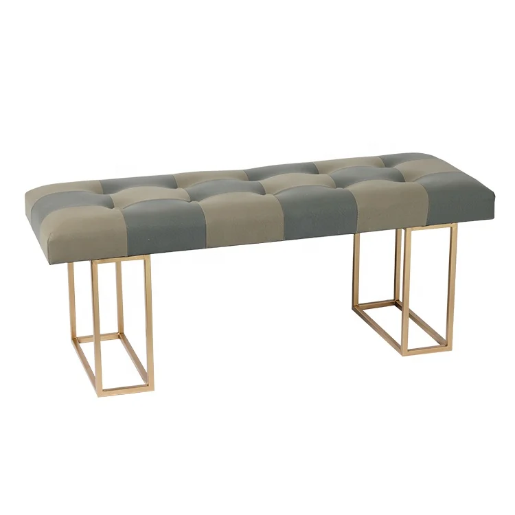 Modern Long Velvet Ottoman Salon Waiting Bench Modern Home Stool Gold Metal Legs Leather Long Rectangle Shaped Velvet Bench
