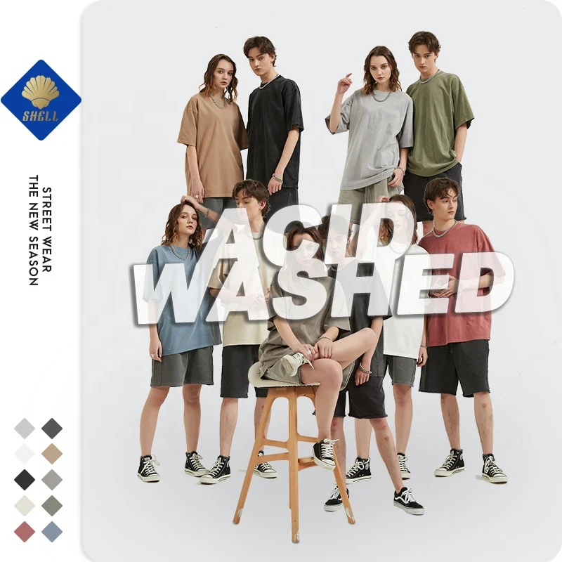 250gsm Cotton Acid Washed Light Khaki T-shirts Oversized Digital Printing Graphic Tshirts Heavy Weight Vintage T Shirt