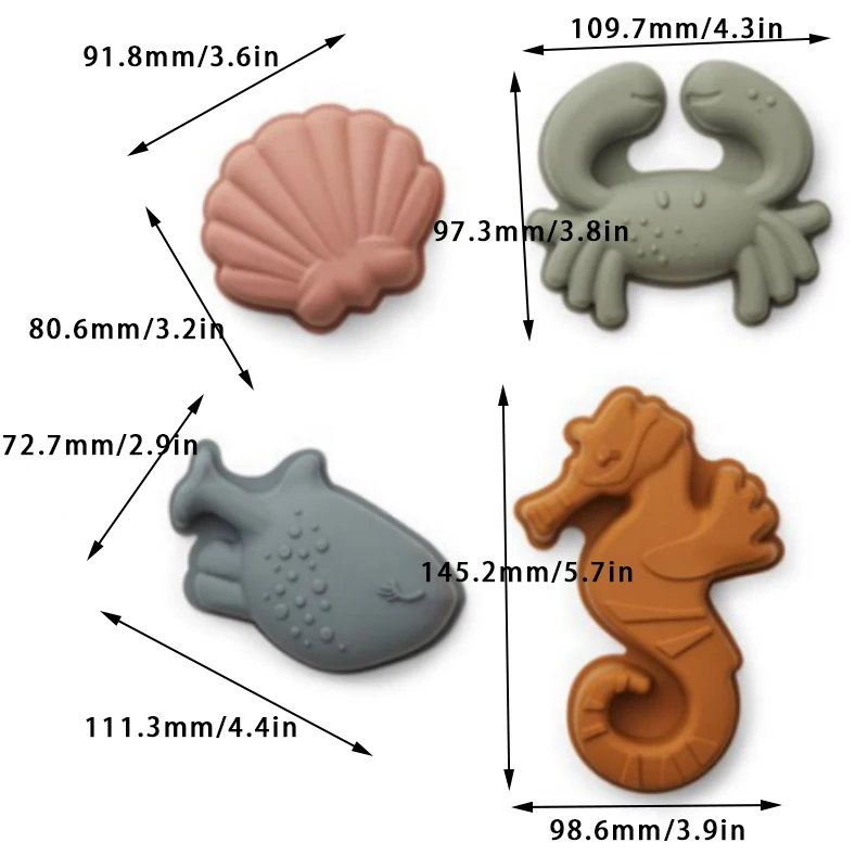 BPA Free Kids Silicon Beach Toys Shovel Beach Bucket Set 6pcs Sky Blue Crab Shell Sea horse Sand Molds Castle Silicon Beach Toys