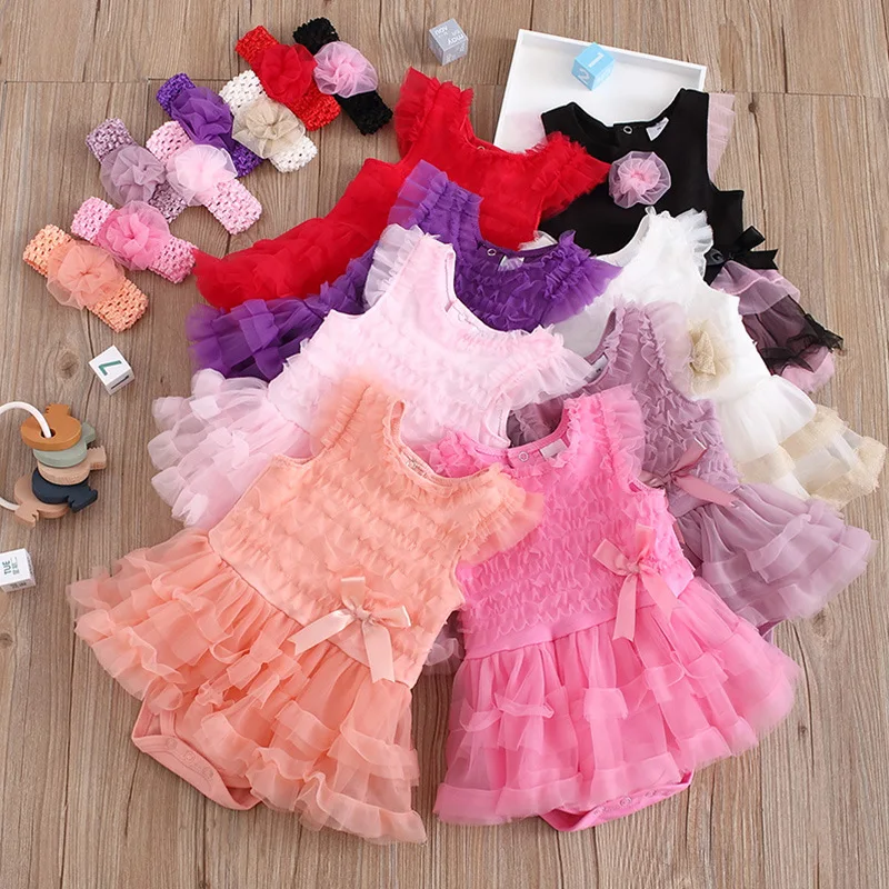 Summer Baby Girl Rompers Newborn Baby Clothes Toddler Flare Tulle Solid Design Romper with Headband One-Piece Bodysuit
