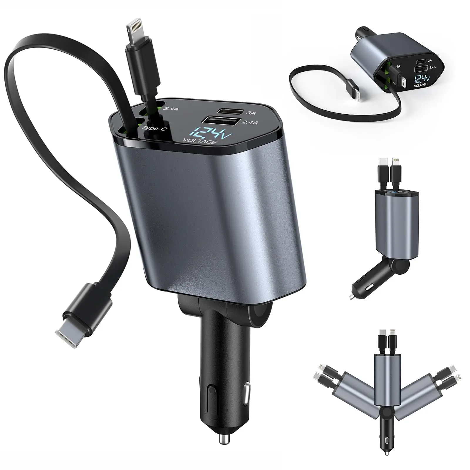Retractable Car Charger 4 in 1 Fast Charge USB C Car Charger Adapter with 80cm Retractable Cord Cable 100W 120W Car Charger