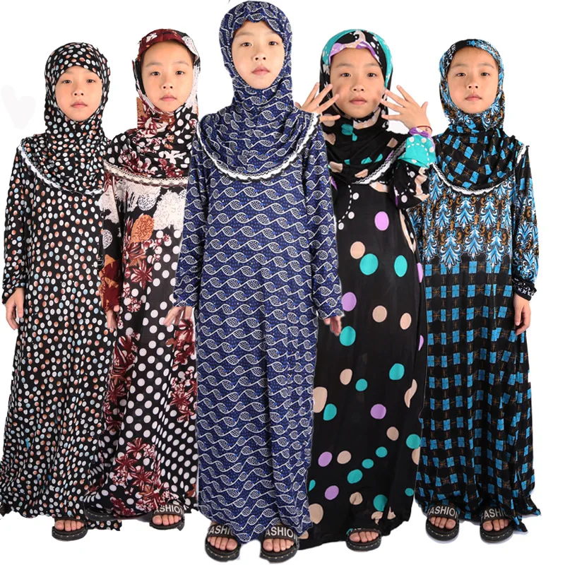 2022  4-15 Years Cotton Material Traditional  Gril Muslim Kids Prayer Floral Print Robe fille Abaya Dubai Islamic Clothing Abaya