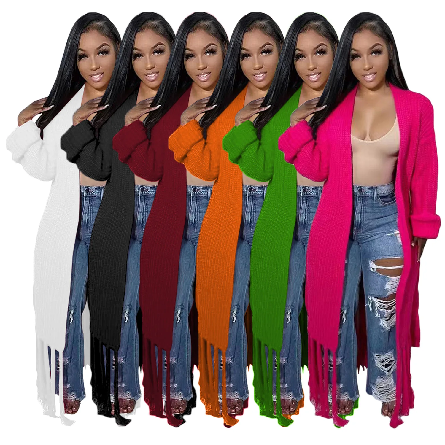 Fashion Streetwear Winter Women Long Sleeve Cashmere Coats Sweaters Shawl Collar Long Fringe Ladies Cardigans Sweaters