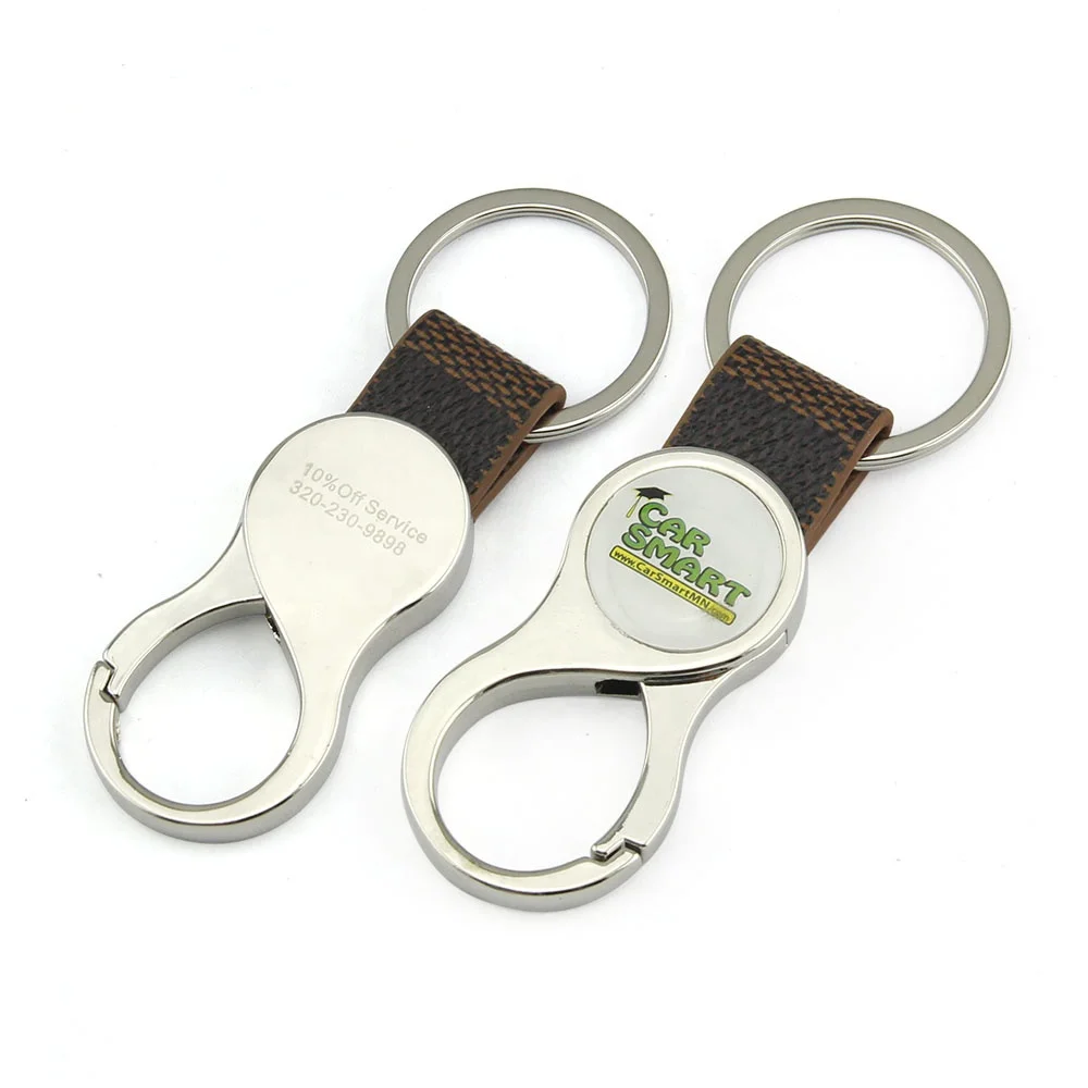 Custom shape carabiner cartoon rotating metal and leather keychain billet stainless steel metal craft gift manufacturer