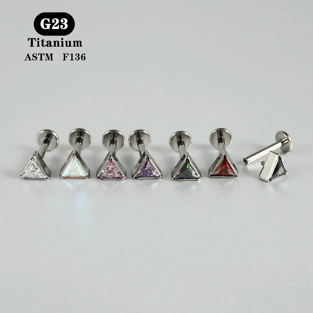 ASTM F136 Titanium Thick Triangle CZ Labret Ear Lobe Helix Tragus Cartilage Studs Lip Piercing Jewelry 1.2x8mm