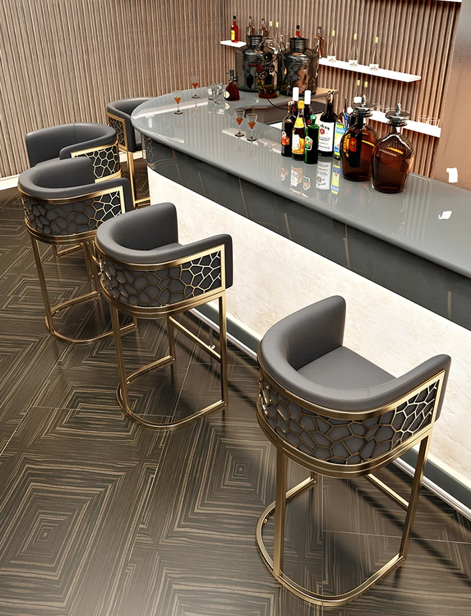 Modern home bar chair luxury gold metal bar height stools stainless steel frame upholstered bar stool with honeycomb backrest