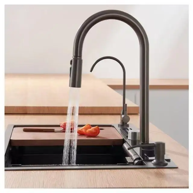 nano handmade single bowl led digital display multi-functional waterfall bliote kitchen sink with automatic cup washer