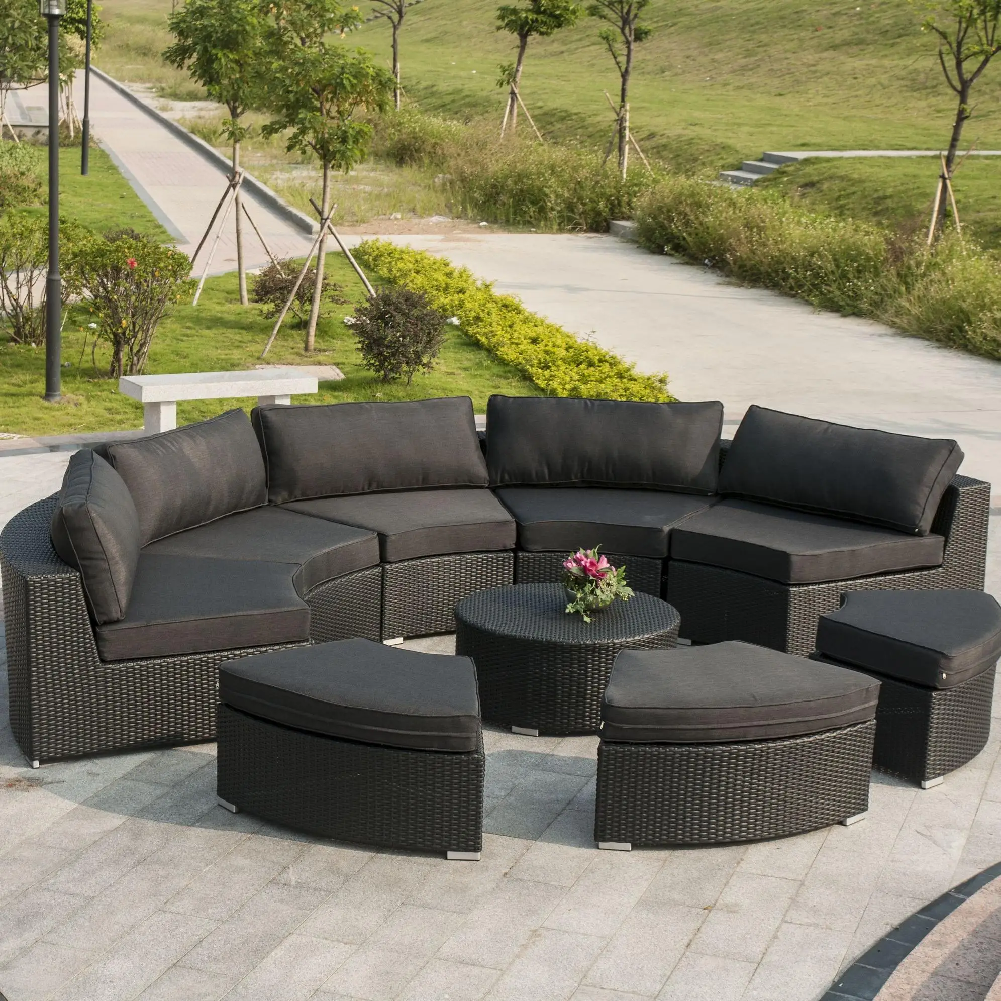 
JS HD745 Inexpensive outdoor semicircle sofas rattan wicker patio garden sofa set furniture 