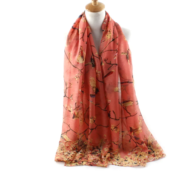 Hot Selling Explosive New Style Animal Elegant Summer Scarf Branch And Bird Print Scarfs For Women