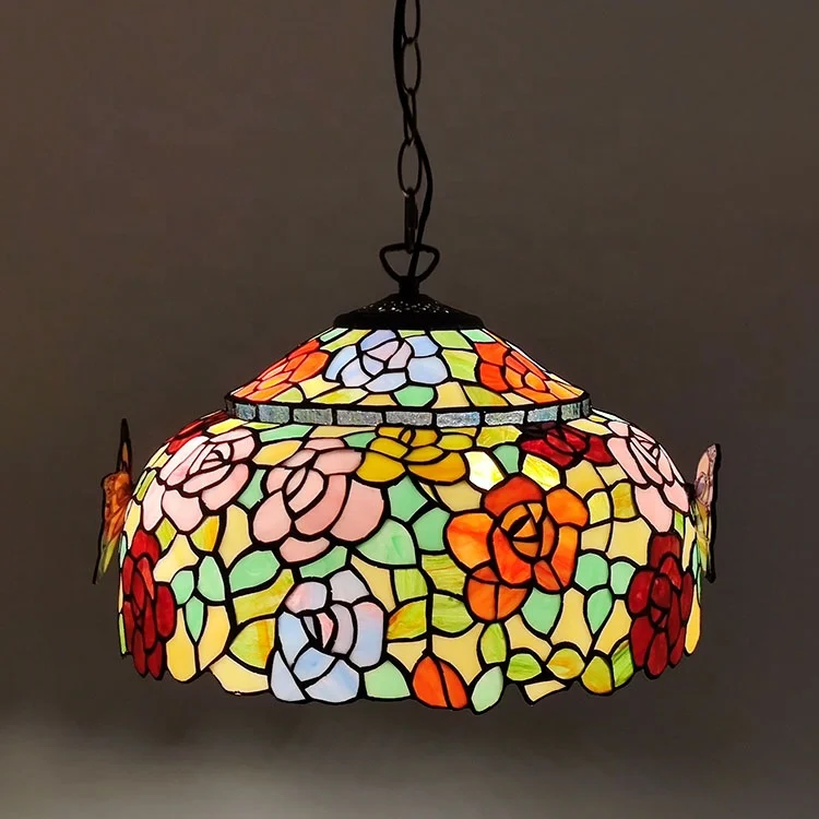 LongHuiJing Tiffany Chandelier 16 Inches Wide Stained Glass Two-Color Flower Lampshade Lighting Butterfly Pendant Lights