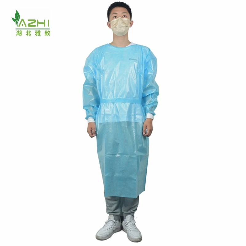 Blue PP with all PE coated 35gsm protective gown work clothes stitched sealing tie on neck and back elastic cuff isolation gown