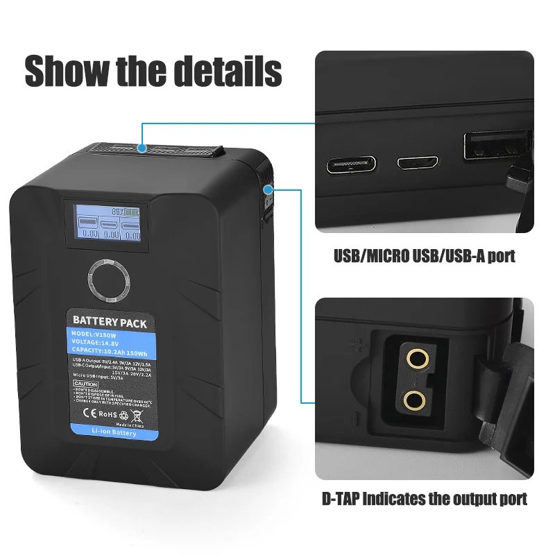 10200mAh 150Wh 10.2Ah 14.8V lithium ion V Lock mount batteries pack with OLED Screen Display  for camera studio light outdoor