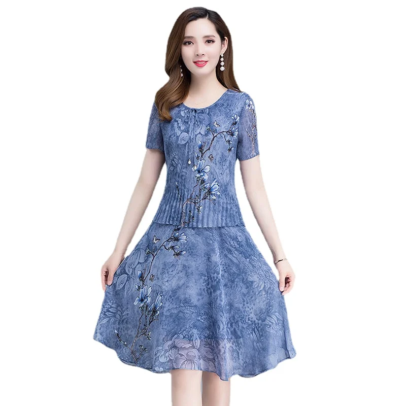 
Korean chiffon dress female 2021 new mother summer two-piece printed Chinese style over-the-knee dress 