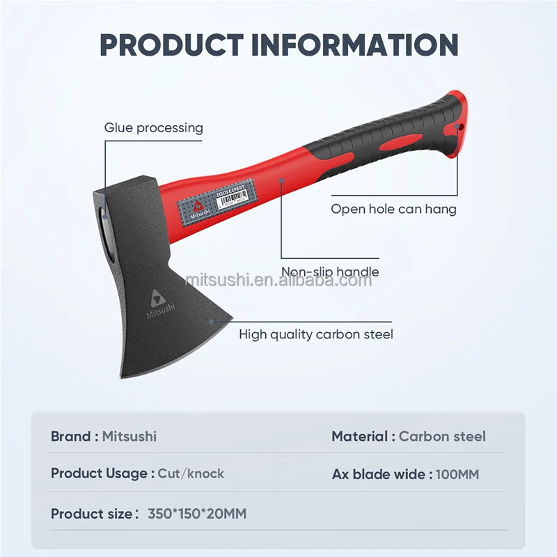 Mitsushi Industrial Grade Household Axe with Carbon Steel Hatchet Head and Nylon Handle for Cutting and Camping