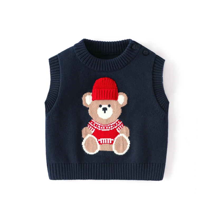 British style Classic school kids clothing sweater designs for children baby knitted vest bear Embroidery Knit Tops