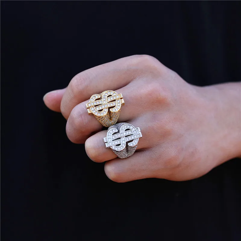 HIP Hop Classic Full Zircon CZ US Dollar Sign Ring Gold Silver Color Iced Out Charm Ring For Men Women Jewelry Size 8-10