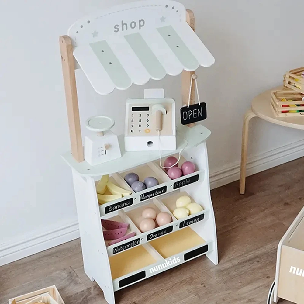 Children Simulation Grocery Store Kids Role Play Toy Mini Supermarket Wooden Stand Toy Pretend Shop Wooden Educational Toy