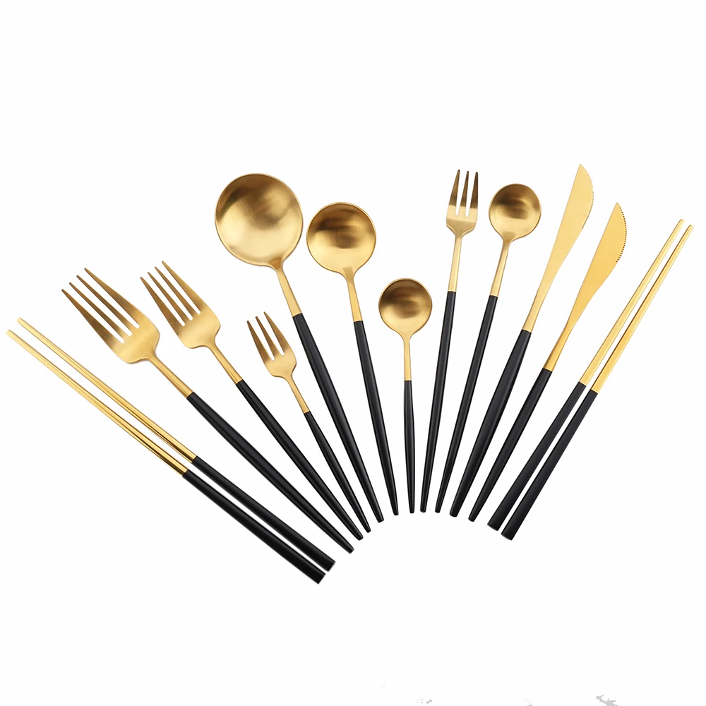 
Wholesale Golden Round Handle United Cutlery Set For Wedding Gift Black Gold Matte Stainless Steel Restaurant Flatware Sets 