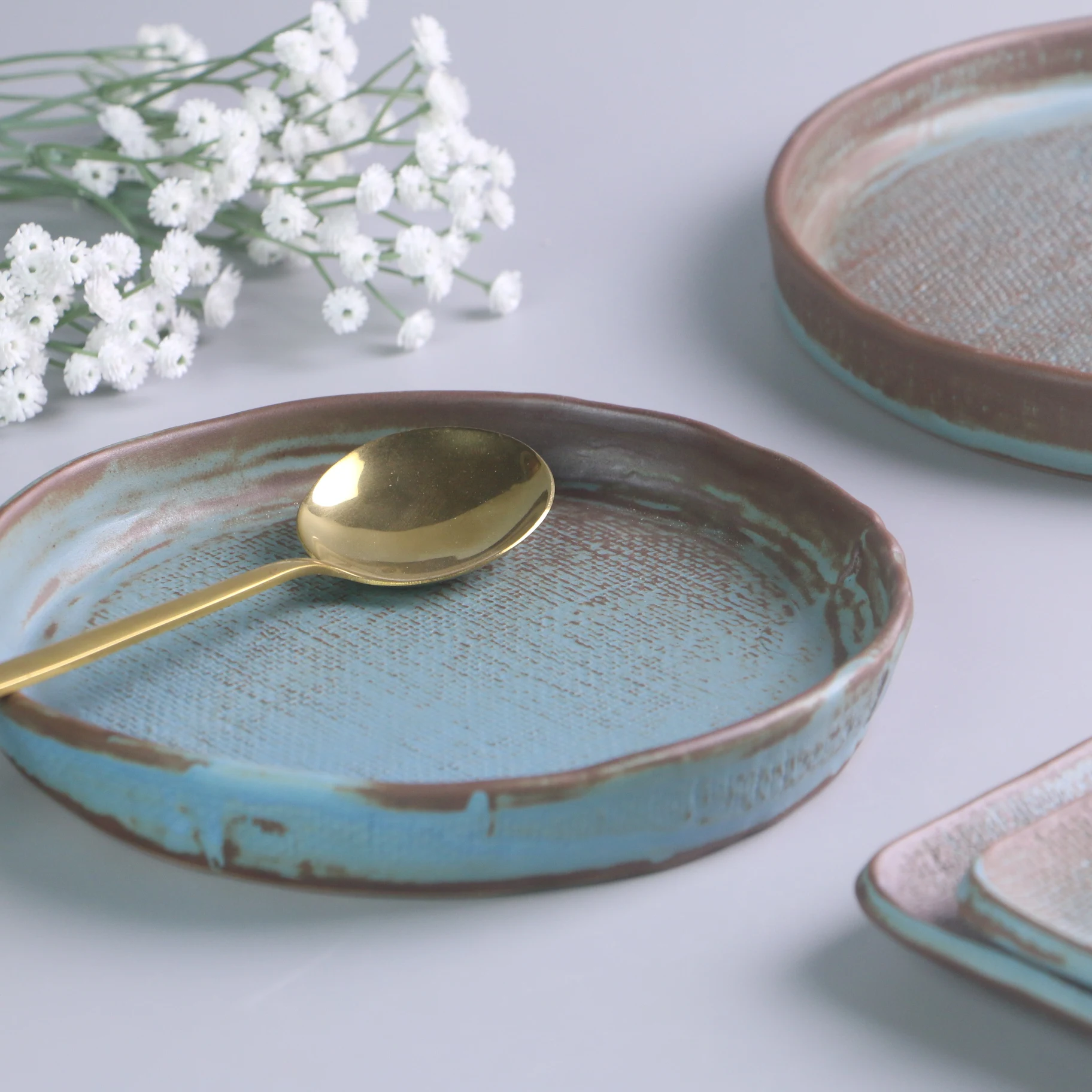 Restaurant tableware Nordic retro irregular cloth pattern dinner plate ceramic tableware porcelain tableware wholesale