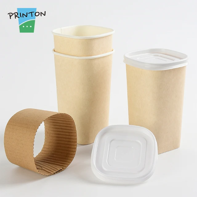 Disposable 400ml 500ml recyclable natural color take away square single wall paper cups  tea fruit juice drink cups