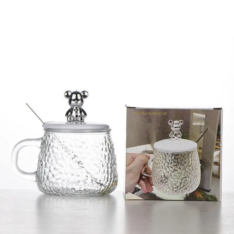 Ins Style High Quality Coffee Mug With Handle And Lid Clear Little Bear Glass Mug