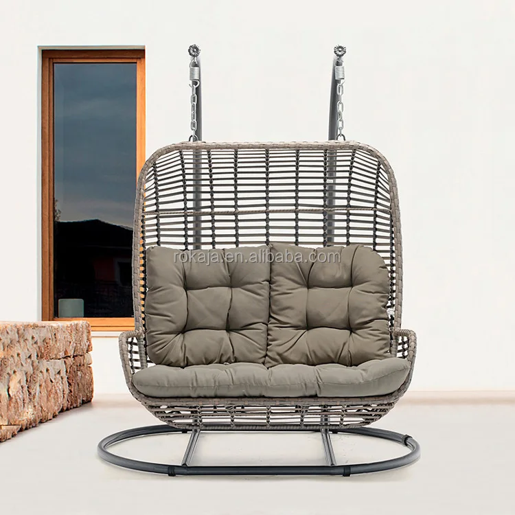 Outdoor Structural Wicker 2 Seater Swing Chair Garden Iron Metal Hanging Swing Chair Hand Woven Hanging Egg Chair with Stand