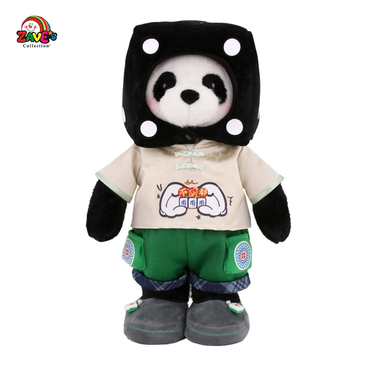 Zaves designed 15.5 inch pink panda plush doll standing position changeable eye mask Chinese traditional costume Mahjong