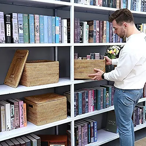 Rectangular Woven Fruit Natural Fall Rattan Storage Baskets Set 3 With Lid cesta almacenamiento de