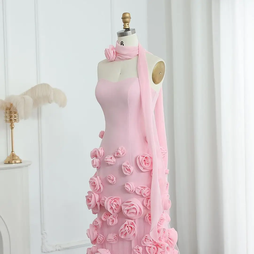 LIANMENG A575 Pink Sleeveless 3D Flower Evening Party Sweet Pink Mermaid Formal Women  Scarf  Evening Dresses