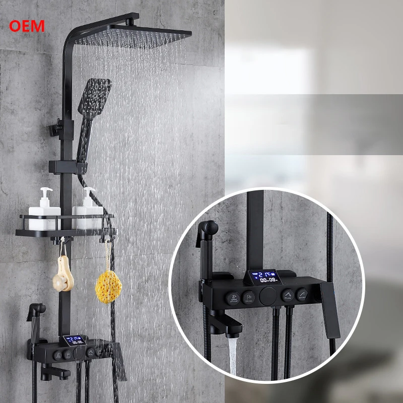 Thermostatic Shower Set Black Luxury Mixer Tap Digital Display Bath Faucet Bathtub Faucets Bathroom Shower Set Rainfall Taps